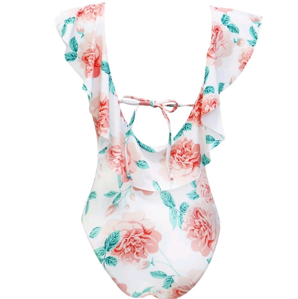 New! Festival Roses Print Plunge Front Swimsuit - Picture 7 of 8